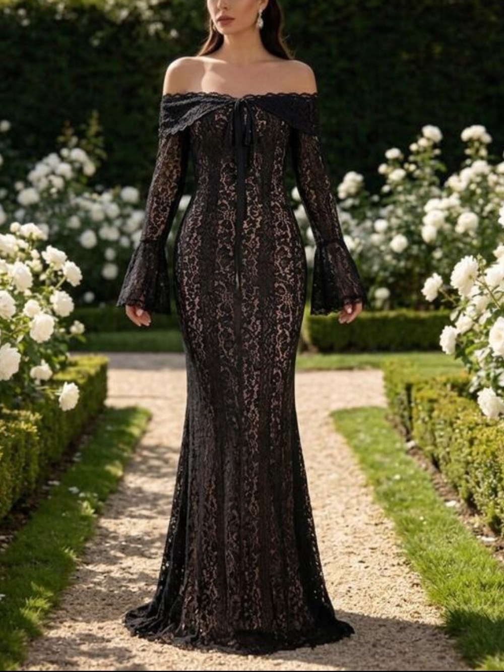 Off-Shoulder Black Lace Evening Gown